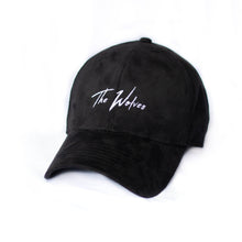 Load image into Gallery viewer, Suede black baseball cap with white handwritten logo