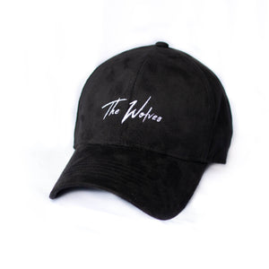 Suede black baseball cap with white handwritten logo