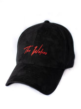 Load image into Gallery viewer, Suede black baseball cap with red handwritten logo